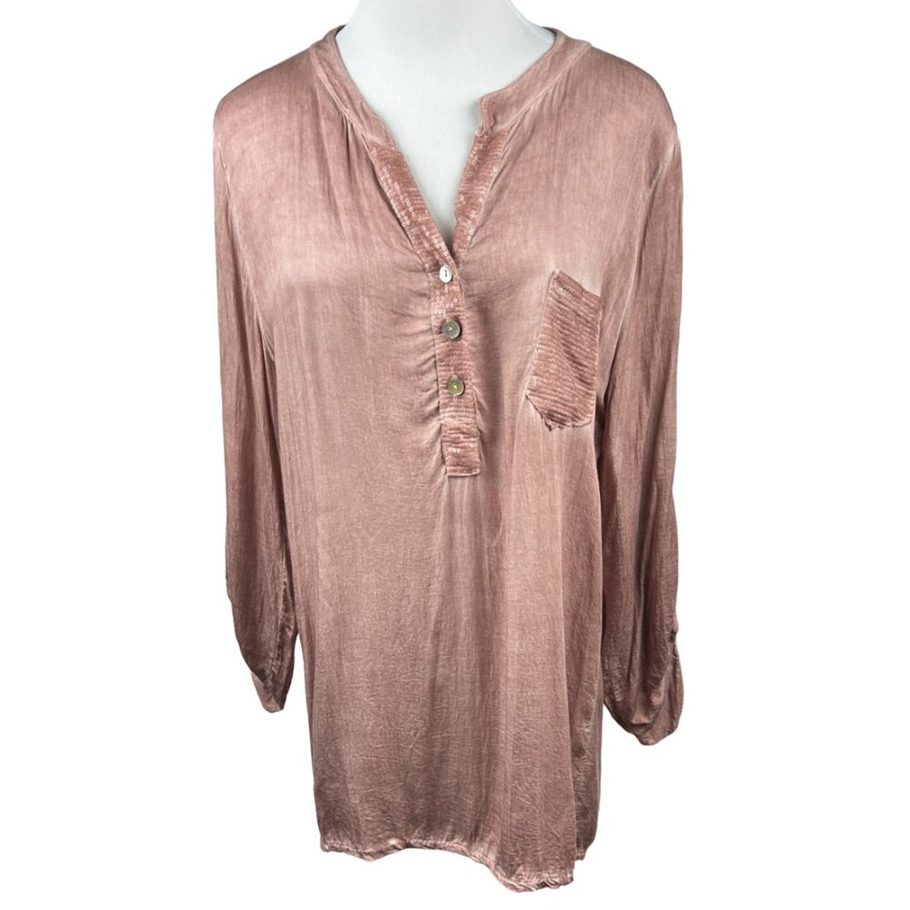 Italian Viscose Blouse Sequin‎ Pocket Flowy Hi-Lo Roll Sleeve Medium Pink